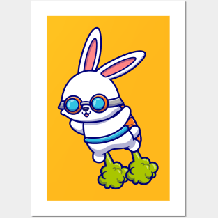 Cute Rabbit Flying With Carrot Rocket Posters and Art